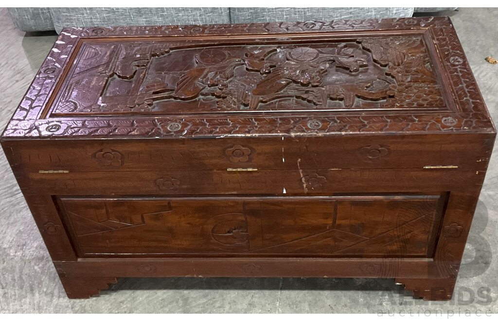 Vintage Large Oritental Carved Wood Chest