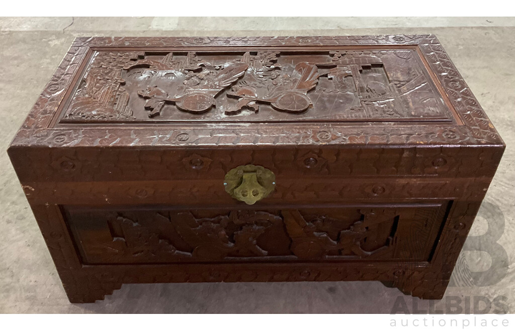 Vintage Large Oritental Carved Wood Chest