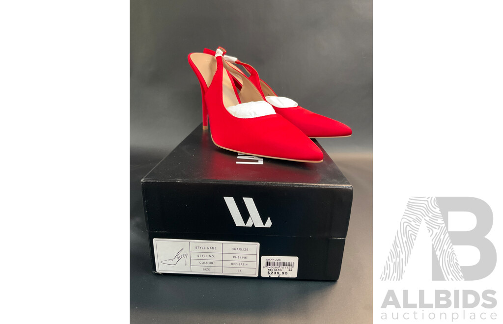 LANA WILKINSON Red Satin Slingback Pumps, MIMCO Crossbody Bag, SYULI Hair Growth Oil, Temporary Eye Tightener and BYS Blush - Lot of 6