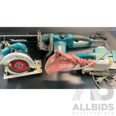 Makita Corded 5740NB Circular Saw & UC3520A 800W Electric Chainsaw & 9900B Belt Sander
