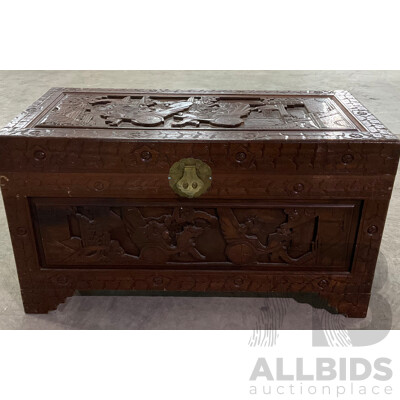 Vintage Large Oritental Carved Wood Chest