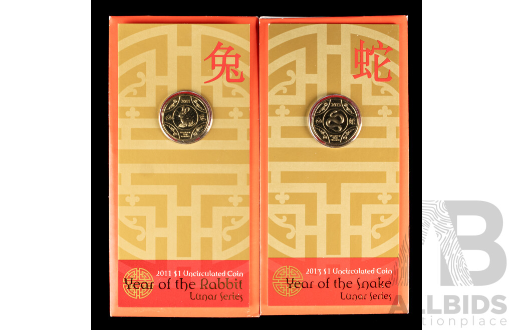 Australian 2011-12 Lunar Series $1 coins, Rabbit and Snake. 