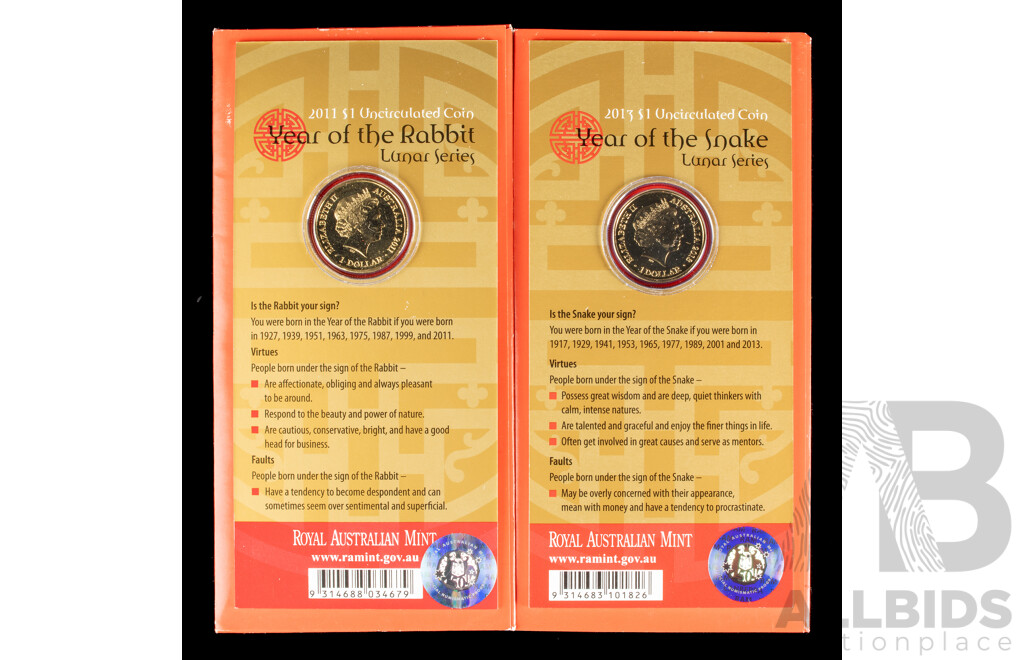 Australian 2011-12 Lunar Series $1 coins, Rabbit and Snake. 
