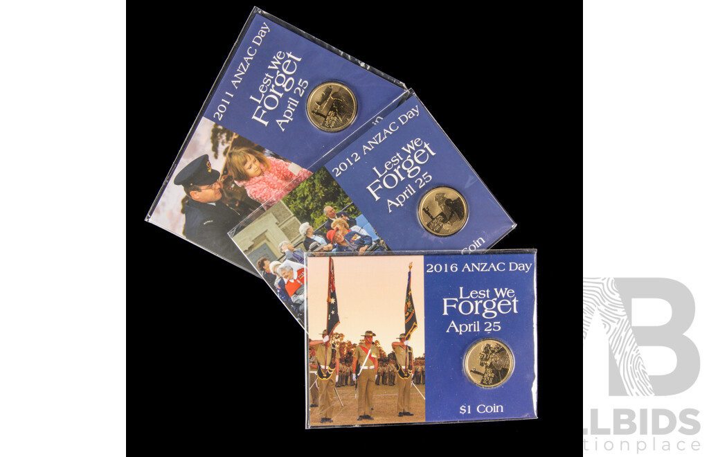Australian Perth Mint 2011, 2012, 2016, ANZAC Day $1 coins