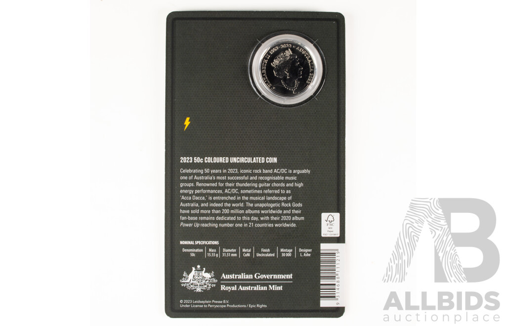 Australian 2023 Coloured 50c coin. 50 years ACDC.