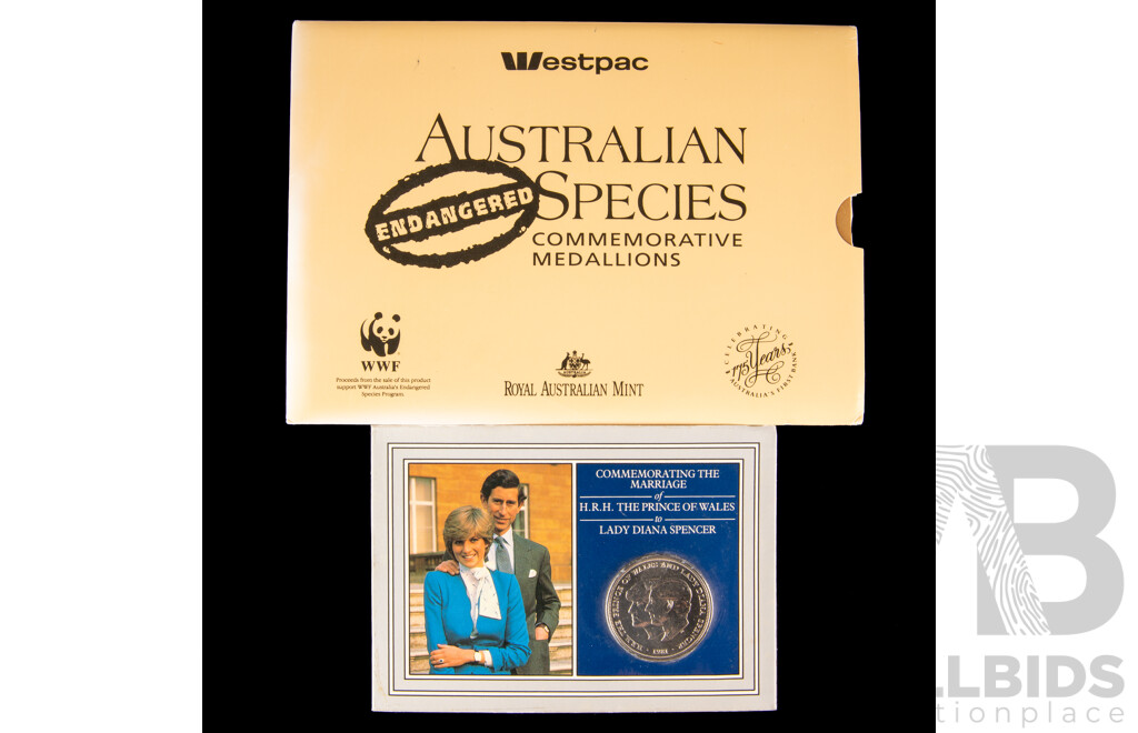 Australian Endangered Species 6 medallion set. 1981 Royal Wedding crown.