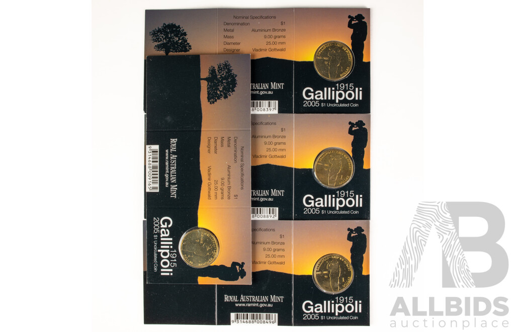 Four Australian 2005 Gallipoli $1 coins. Four mint marks G M B S.