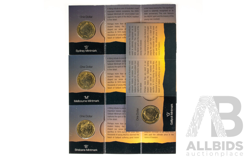 Four Australian 2005 Gallipoli $1 coins. Four mint marks G M B S.