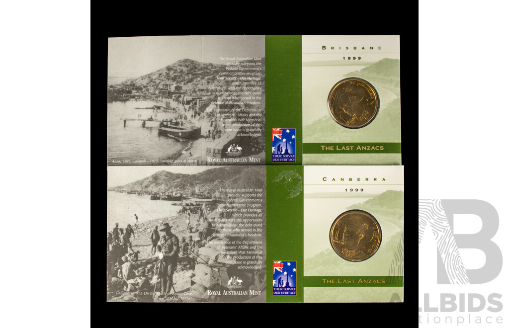 Two Australian 1999 $1The Last ANZACS. Mint marked C B.