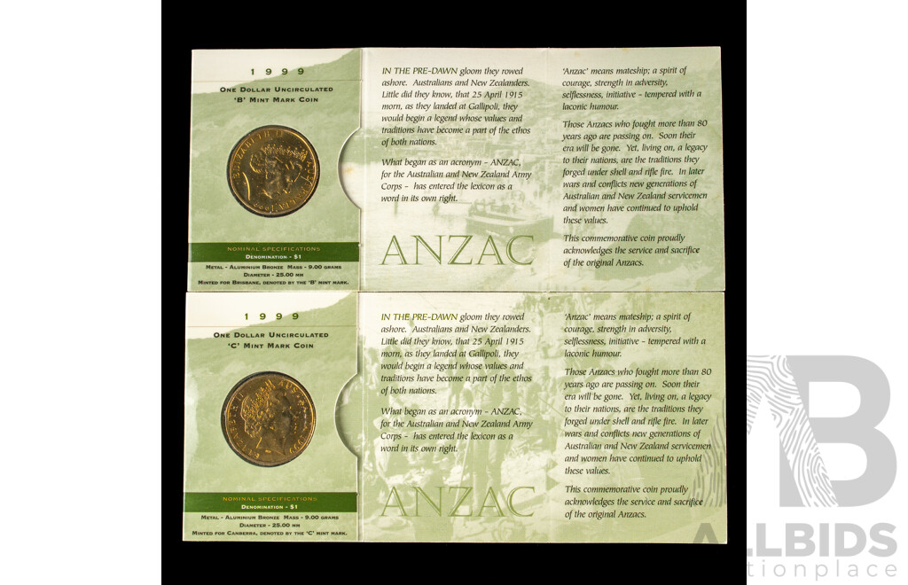 Two Australian 1999 $1The Last ANZACS. Mint marked C B.