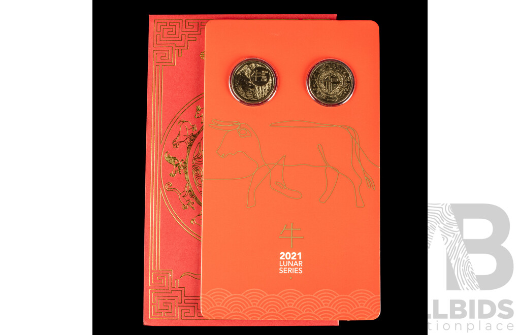 Australian 2021 Lunar series two $1 coins. Year of the Ox.