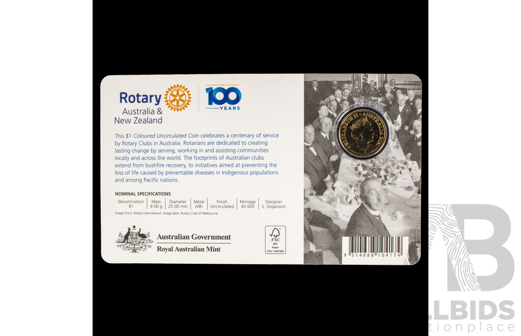 Australian 2021 Rotary in Australia $1 coloured coin. 100 years in Australia.
