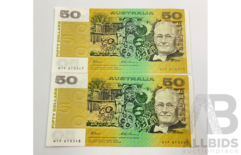 Two Australian 1993 Fifty Dollar Notes, Fraser/Evans Consecutive WYP 610347 - WYP 610348