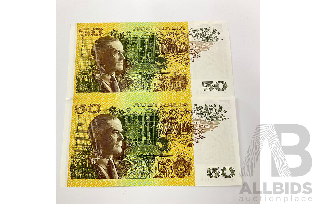 Two Australian 1993 Fifty Dollar Notes, Fraser/Evans Consecutive WYP 610347 - WYP 610348