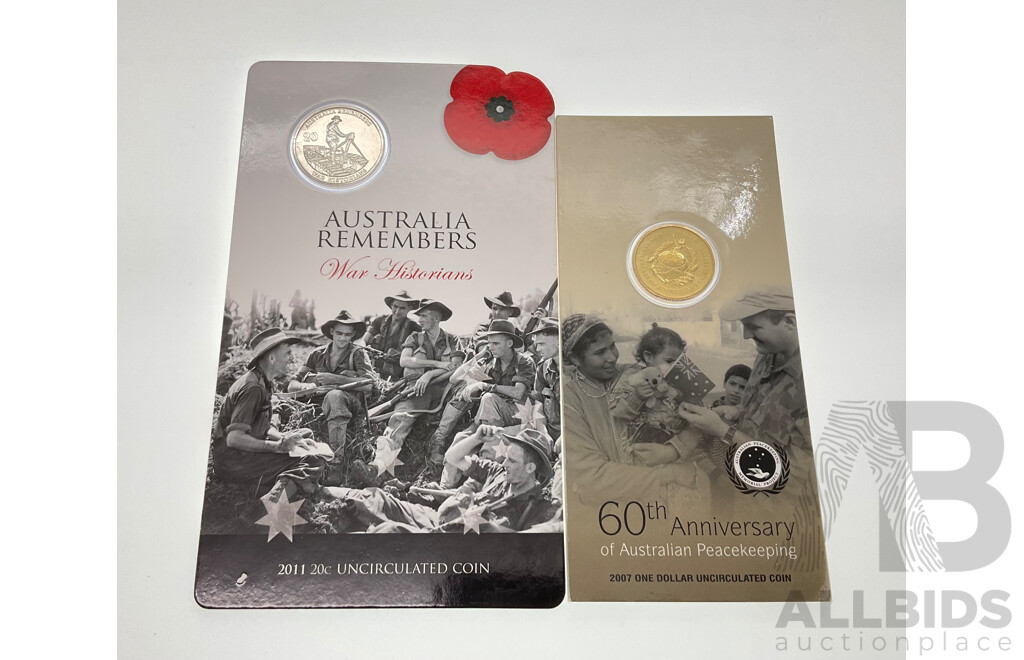 Australian 2011 War Historians 20c Coin, 2007 Peace Keeping $1 Coin.
