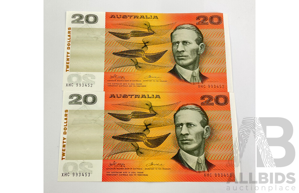 Two Australian 1974 Twenty Dollar Notes, Phillips/Wheeler R404 XHC 993452 - XHC 993453