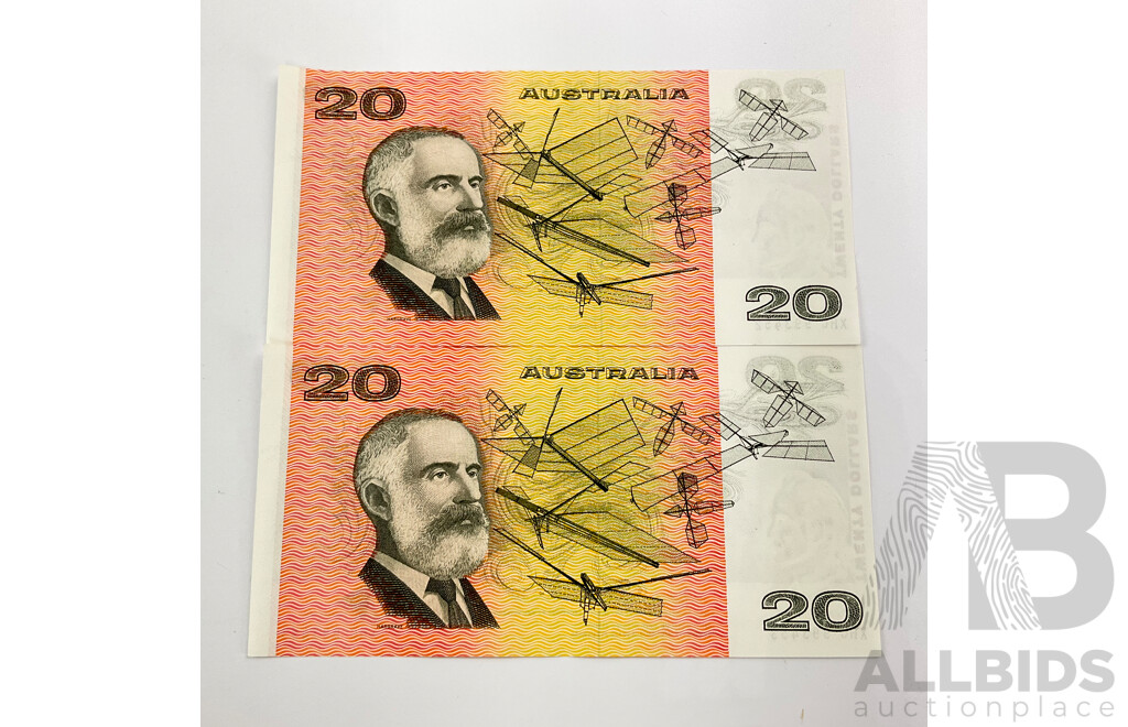 Two Australian 1974 Twenty Dollar Notes, Phillips/Wheeler R404 XHC 993452 - XHC 993453