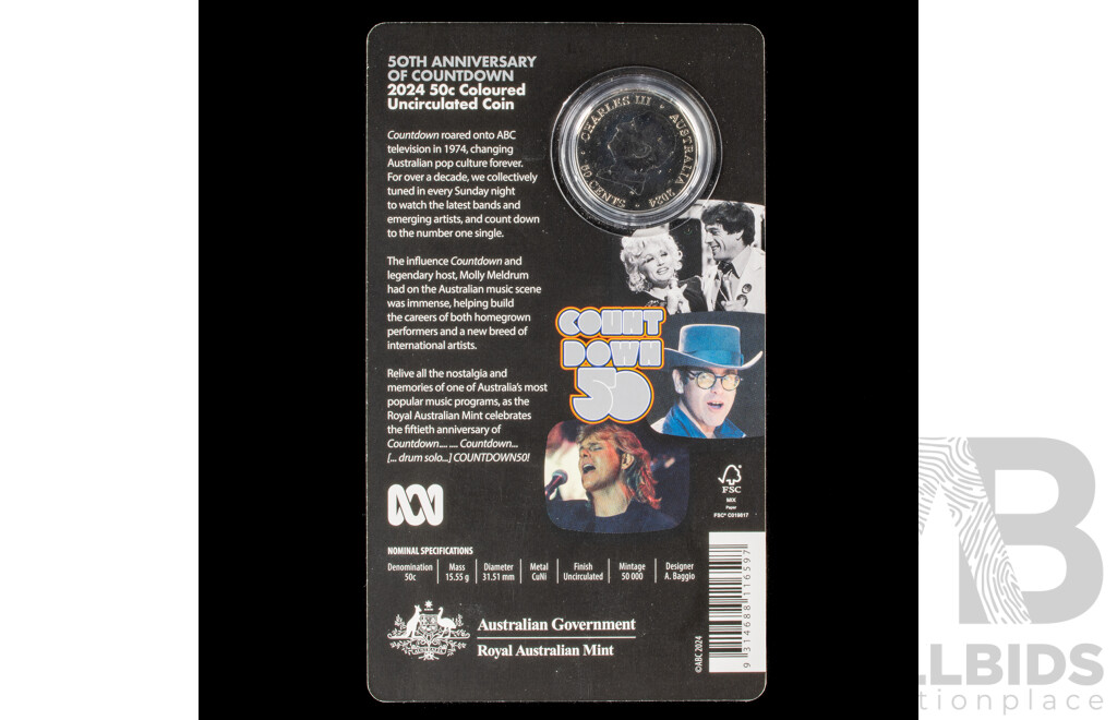 Australian 2024 Coloured 50c coin. 50 years of ABC Count Down.