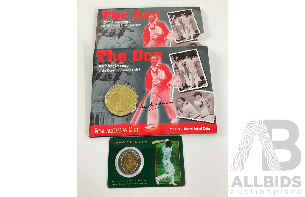 Australian 1996, 2008 Five Dollar Donald Bradman Coins