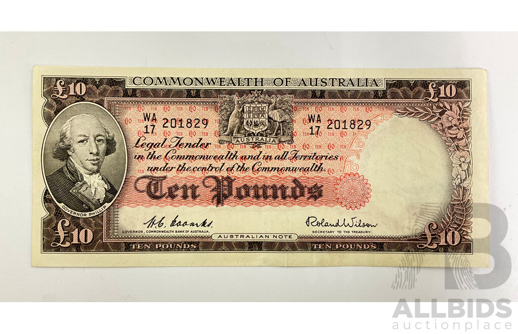 Australian 1954 Coombs Wilson Ten Pound Note. WA17 201829
