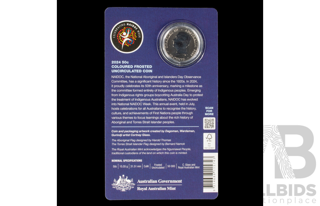 Australian 2024 Coloured 50c coin 50 years AIDOC Committee.