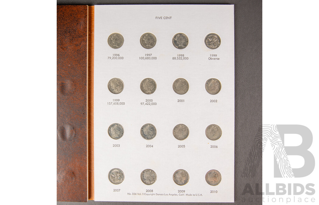 Australian Full Set 1966-2010 RAM 5c Circulated, UNC and Proof 48 Coins in Dansco Album.