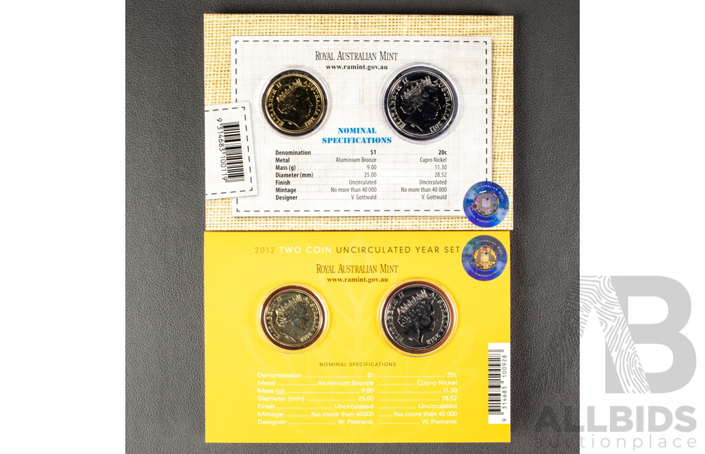 Australian 2011 Wool and 2012 Australian Wheat Two Coin Sets, $1 and 20c