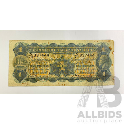 Australian 1927 One Pound Note, Riddle/Heathershaw  K71 337444