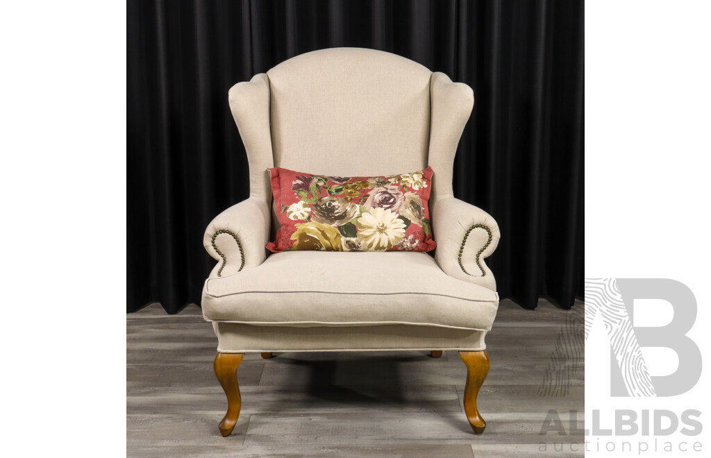 Oversized Georgian Style Wingback Armchair with Linen Upholstery