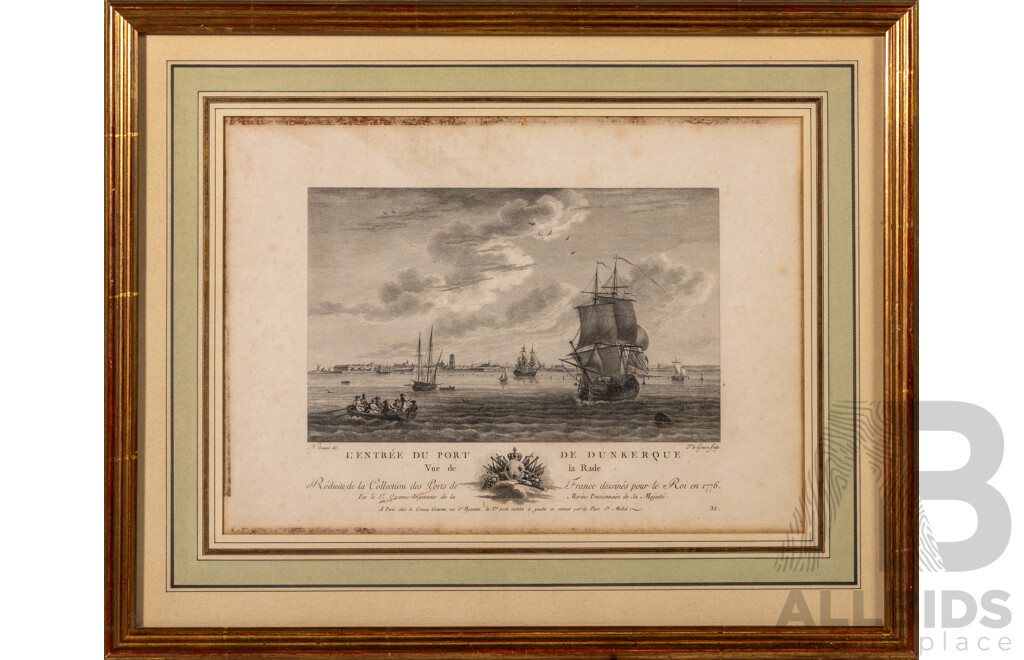 L' Éntree Du Port De Dunkerque [Entrance to the Port of Dunkirk], Framed Antique Steel Engraving, 36 X 45 Cm (frame)