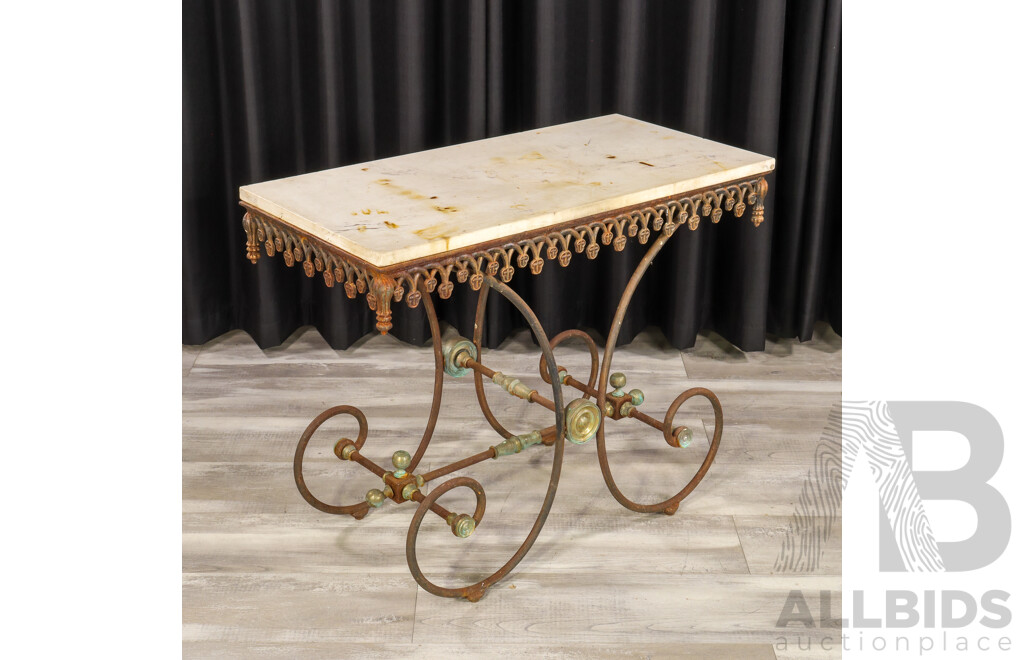 Late 19th Century Marble Top Butchers Table with Wrought Iron Base