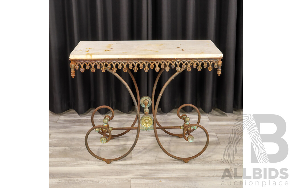 Late 19th Century Marble Top Butchers Table with Wrought Iron Base