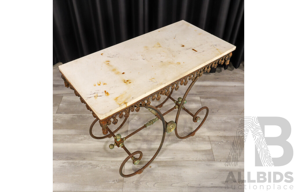 Late 19th Century Marble Top Butchers Table with Wrought Iron Base