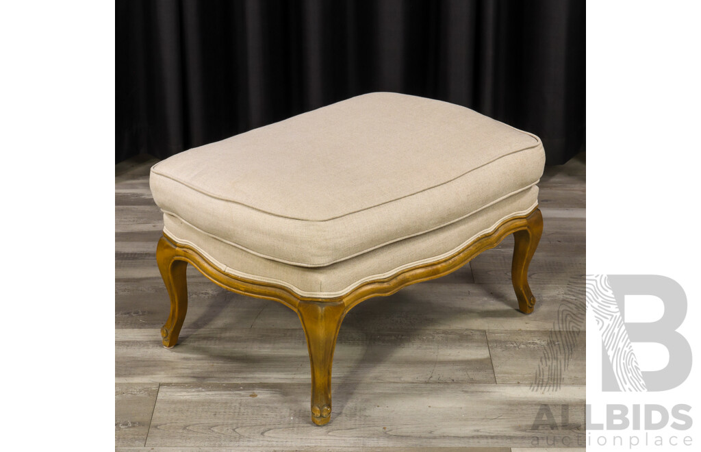 French Elm Ottoman with Linen Upholstery