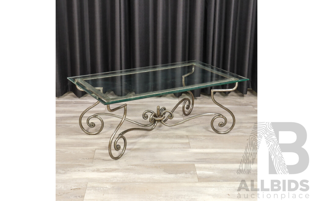 French Style Glass Top Coffee Table with Scrolled Wrought Iron Base