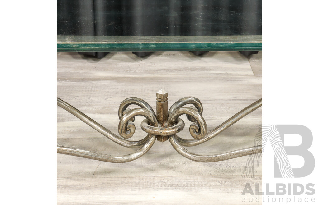 French Style Glass Top Coffee Table with Scrolled Wrought Iron Base