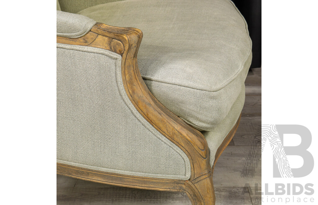French Provincial Style Linen Upholstered Armchair with Exposed Weathered Oak Frame