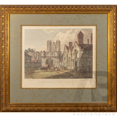 After Thomas Hearne, (18/19th Centuries, British, 1744-1817), 'The View of Micklegate Bar and the Hospital St Thomas, York' Lovely Coloured Engraving in Carved Gilt Frame, 71 x 77 cm (frame)