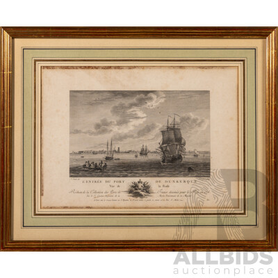 L' Éntree Du Port De Dunkerque [Entrance to the Port of Dunkirk], Framed Antique Steel Engraving, 36 X 45 Cm (frame)