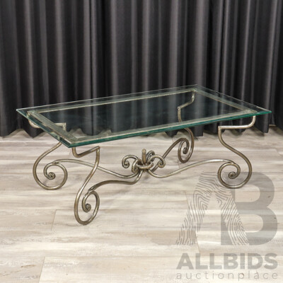 French Style Glass Top Coffee Table with Scrolled Wrought Iron Base