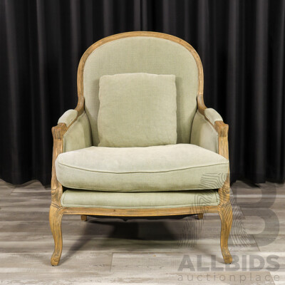 French Provincial Style Linen Upholstered Armchair with Exposed Weathered Oak Frame