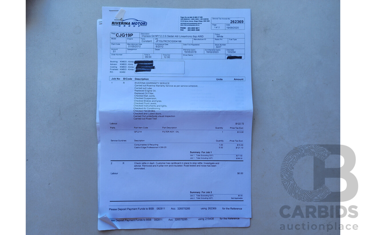 6/2012 Subaru Impreza 2.0i-L (awd) MY12 4d Sedan White 2.0L