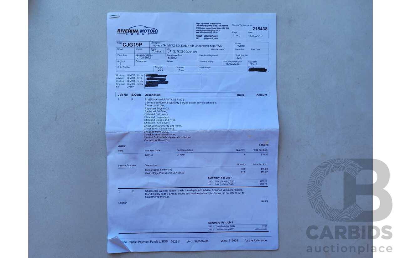 6/2012 Subaru Impreza 2.0i-L (awd) MY12 4d Sedan White 2.0L