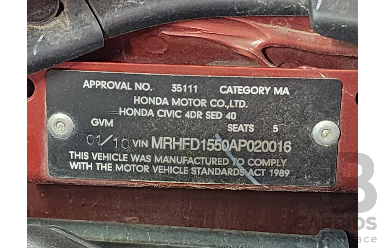1/2010 Honda Civic VTi MY10 4d Sedan Maroon 1.8L