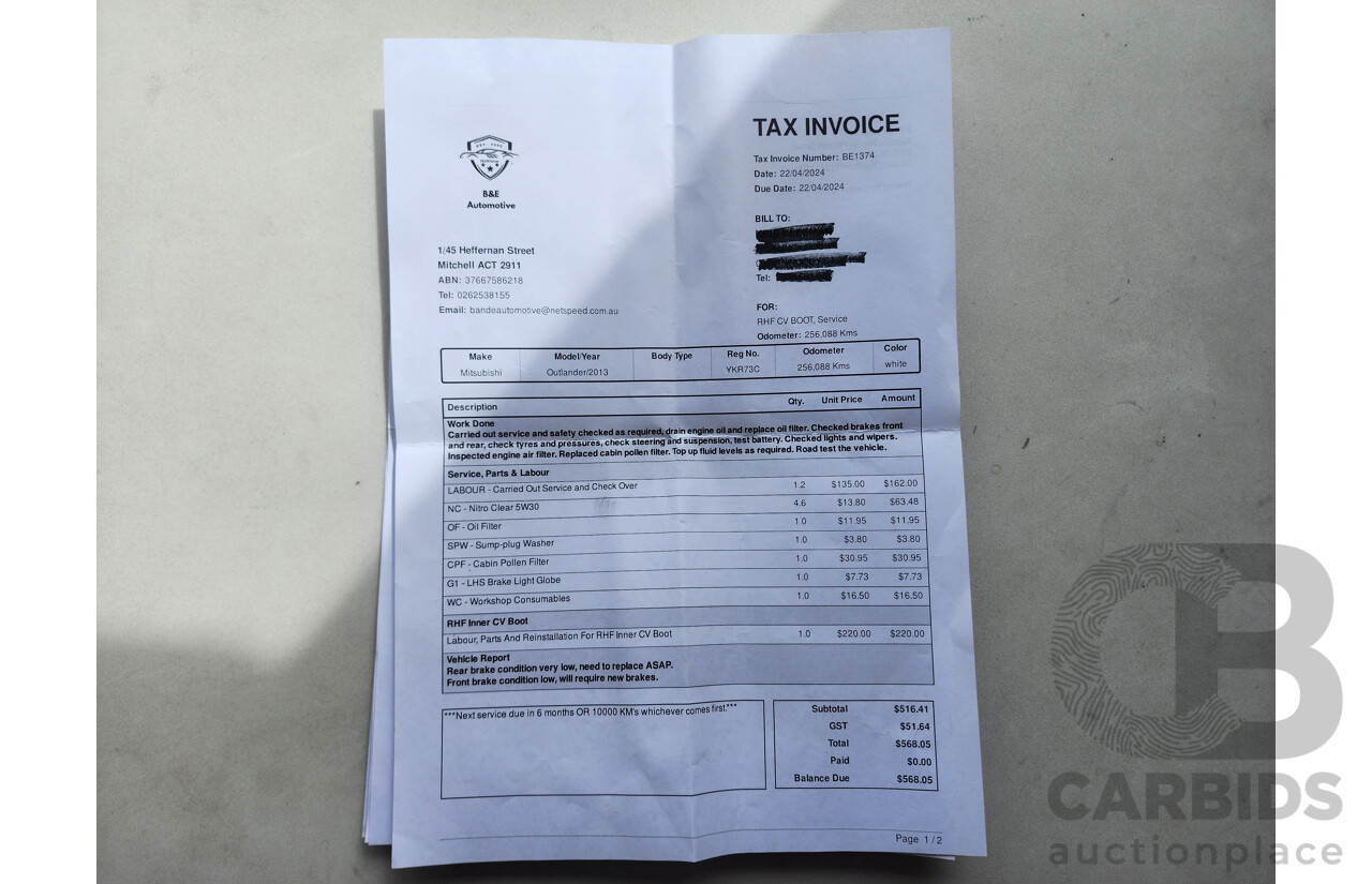 8/2013 Mitsubishi Outlander LS (4x4) ZJ 4d Wagon White 2.4L