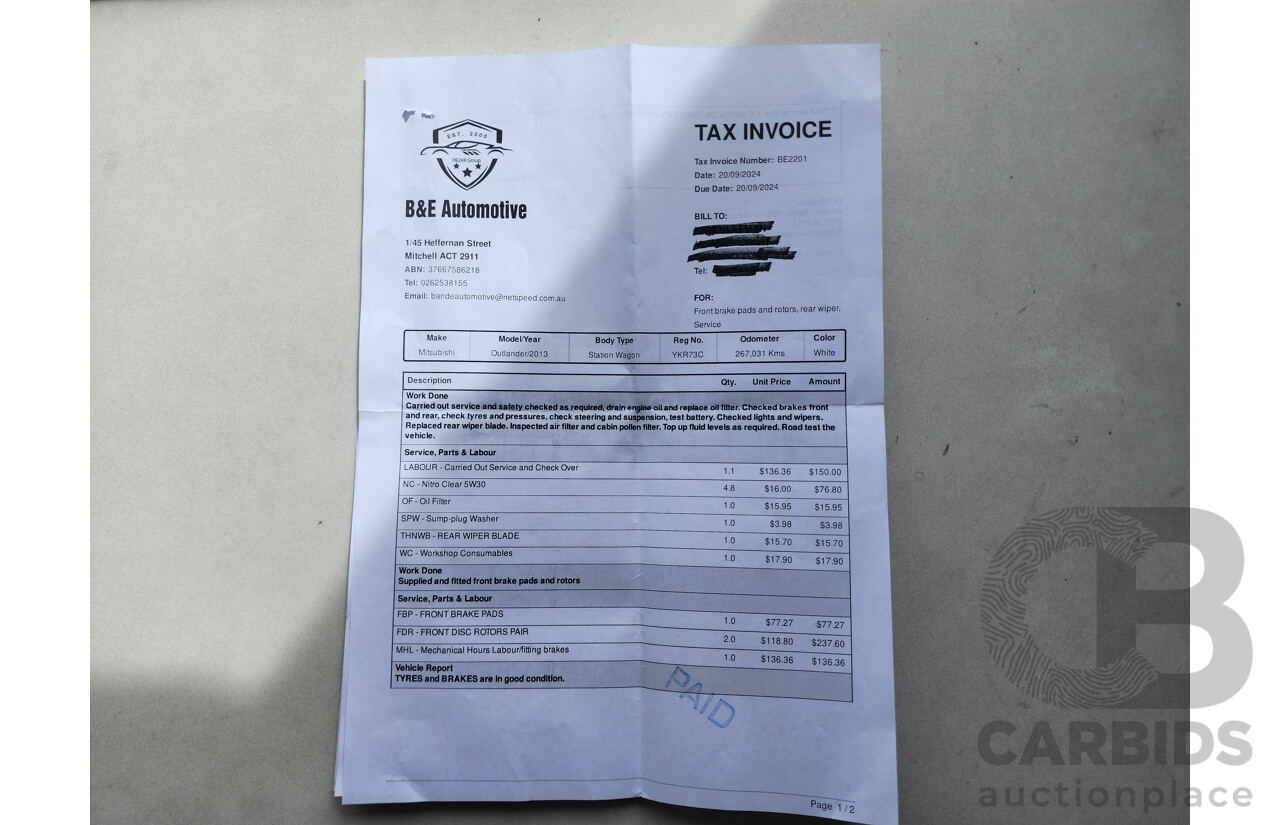 8/2013 Mitsubishi Outlander LS (4x4) ZJ 4d Wagon White 2.4L