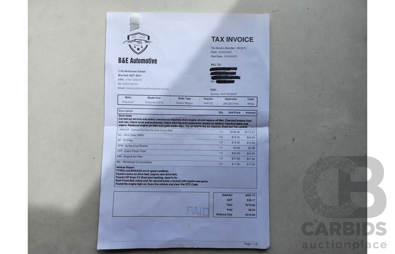 8/2013 Mitsubishi Outlander LS (4x4) ZJ 4d Wagon White 2.4L