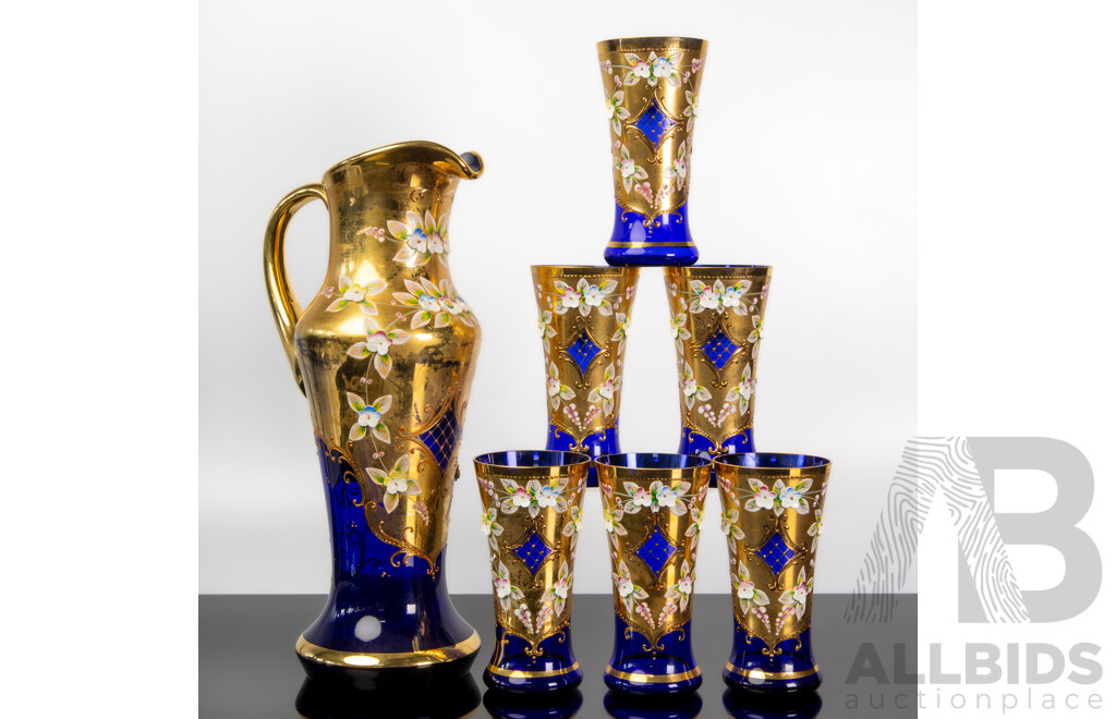 Bohemian Glass Jug and Six Tumblers, Cobalt and Gilt Enamel