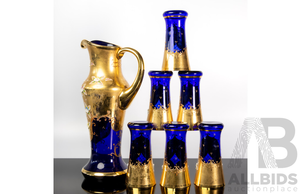 Bohemian Glass Jug and Six Tumblers, Cobalt and Gilt Enamel