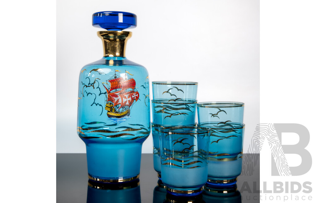 Vintage Blue Glass Seven Piece Drinking Suite